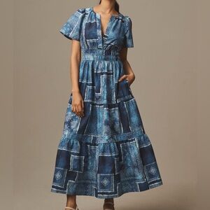 Anthropologie Indigo Patchwork Maxi Dress